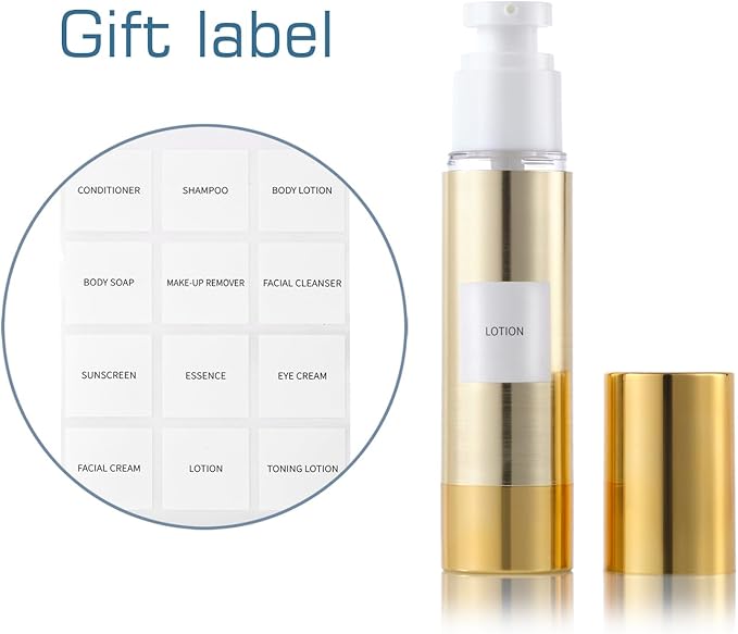 Gold, empty cosmetic pump bottle with travel bag, refillable, vacuum pump bottle for lotion, toner, foundation make-up, hair oil, hand sanitizer and other liquids, 7 pieces (1.7 oz/50ml)