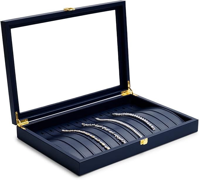 Oirlv Premium Blue Leather Necklace Bracelet Organizer Tray with Acrylic Lid Jewelry Display Case Drawer Insert Jewelry Organizer for women