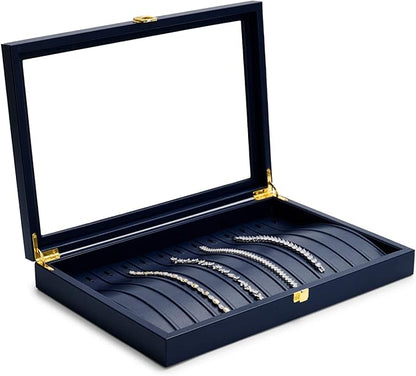 Oirlv Premium Blue Leather Necklace Bracelet Organizer Tray with Acrylic Lid Jewelry Display Case Drawer Insert Jewelry Organizer for women