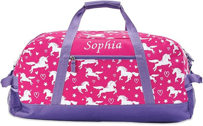 Lillian Vernon Personalized Duffel Bag for Kids, Roomy Pink Unicorn Weekender With Front & Side Compartment, Customizable Girls Sports & Travel Bags With Custom Name, 11" x 12" x 23"