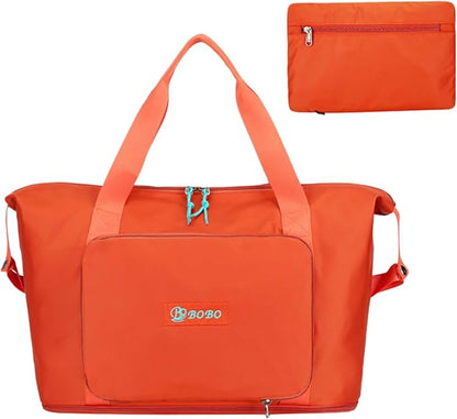 Expandable Travel Duffle Bag for Women Men, Lightweight Foldable Travel Tote Bags Gym Bag, Large Waterproof Carry On Weekender Overnight Bag with Wet Pocket for Workout, Fitness, Shopping Orange