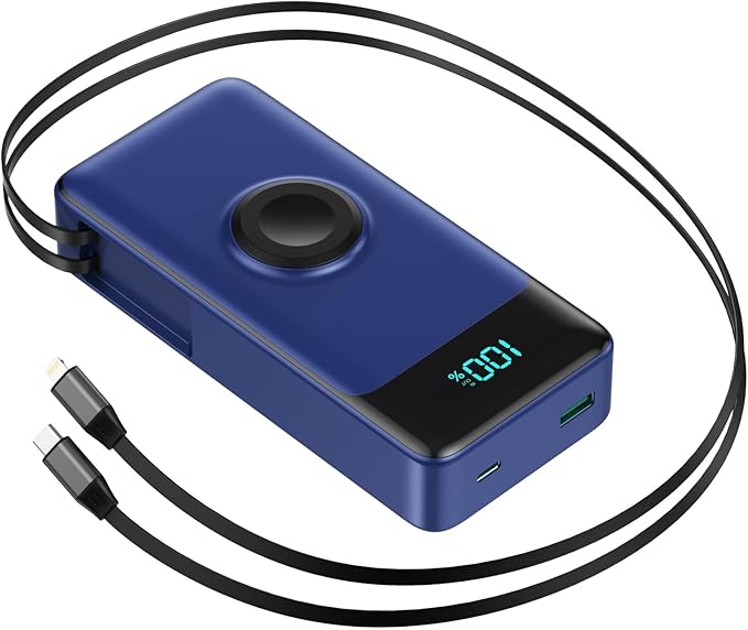 5-in-1 Portable Charger for iPhone,40800mAh Power Bank Built-in Retractable Cable and iWatch Charger,25W PD QC4.0 Fast Charging Battery Pack,Travel Essential Charger for iPhone 17/Air/16,Android,Blue