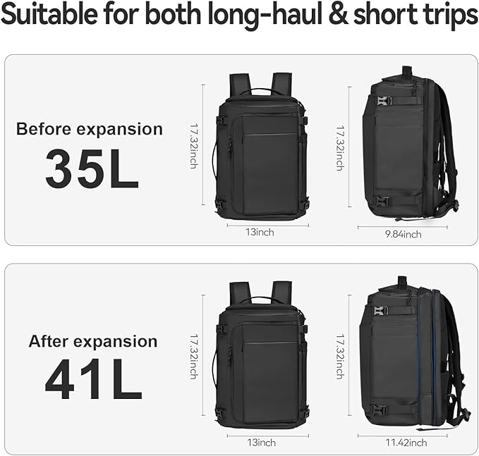 Carry On Travel Backpack Waterproof with Shoe Compartment Flight Approved Laptop Backpack Expandable Business Work Backpack for Women Men Casual Daypack, Black Film