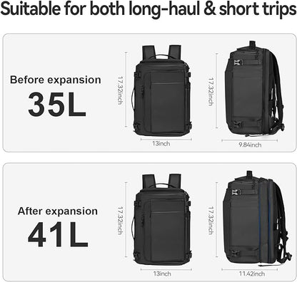 Carry On Travel Backpack Waterproof with Shoe Compartment Flight Approved Laptop Backpack Expandable Business Work Backpack for Women Men Casual Daypack, Black Film