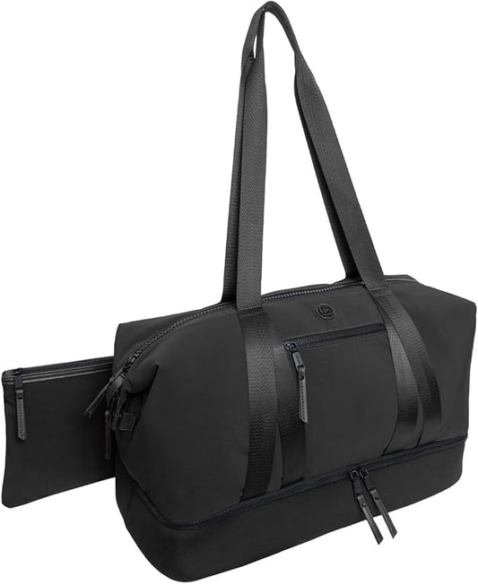 Joan & David 21" Weekender Yoga Gym Duffel Bag with Neoprene Zippered Drop Bottom Compartment Lined In Peva for Non-absorbtion of Odors, Detachable Pouch, Including TSA Approved Bottles (Black)