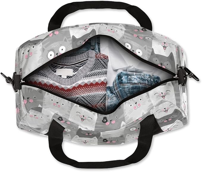 Cute Grey Cats Pattern Gym Duffle Bag for Kids,Sports Bag for Teens Boys & Girls Small Waterproof Overnight Weekender Carry School Practice Travel Bag
