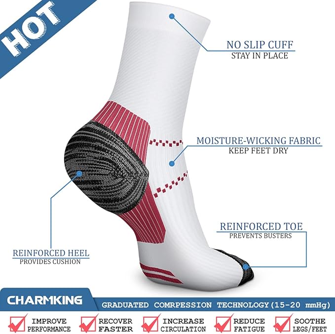 CHARMKING 6 Pairs Crew Compression Socks for Women & Men Circulation 15-20 mmHg is Best for All Day Wear Running Nurse