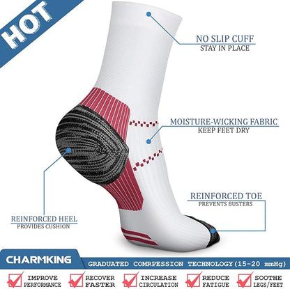 CHARMKING 6 Pairs Crew Compression Socks for Women & Men Circulation 15-20 mmHg is Best for All Day Wear Running Nurse