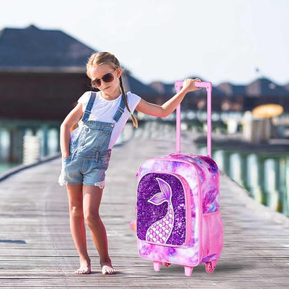 2PCS Kids Luggage, Suitcases for Girls, Carry on Rolling Luggage with Wheels, 18" Toddler Suitcase Set 12" with Sequin Backpack - Pink Mermaid
