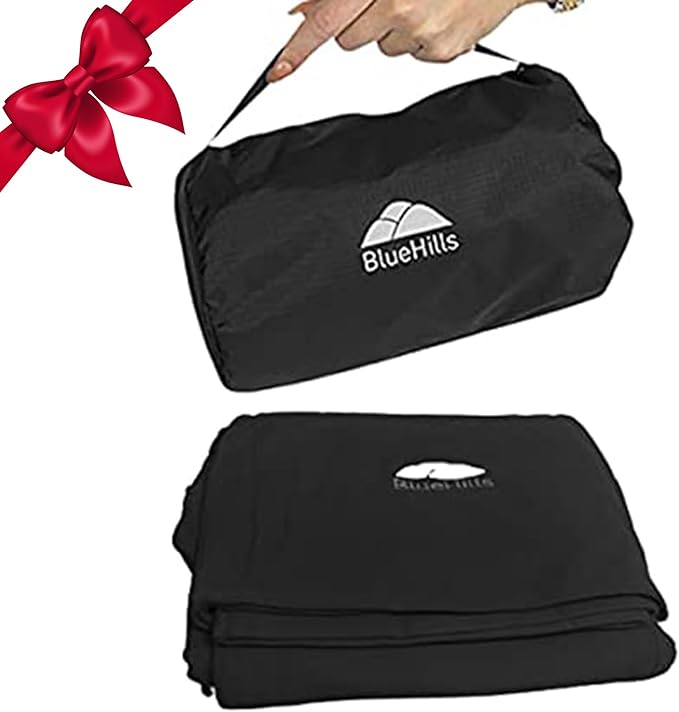 BlueHills Ultra Compact Travel Blanket Pillow in Portable Bag Case with Hand Luggage Belt & Backpack Clip Premium Cozy Soft Compact Pack Large Blanket for Airplane Flight Layover Black C003