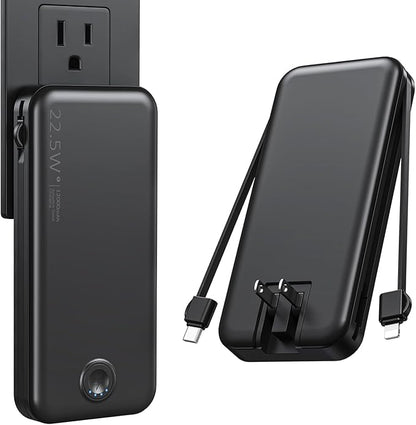 22.5W Super Fast Charging Portable Charger with Wall Plug,12000mAh USB-C Power Bank Built-in 2 Cable, Lightweight Phone Charger Travel Battery Pack for All iPhone, Samsung, Tablets