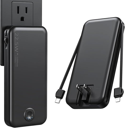 22.5W Super Fast Charging Portable Charger with Wall Plug,12000mAh USB-C Power Bank Built-in 2 Cable, Lightweight Phone Charger Travel Battery Pack for All iPhone, Samsung, Tablets