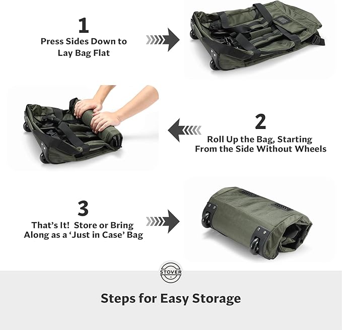 STOVER 45L Carry-On Rolling Duffel Bag with Wheels, Medium Durable Travel Duffle w/Toiletry Bag, Heavy-Duty, Packable, Foldable with Shoulder Straps- Use as Luggage or Backpack, Men/Women (Green)