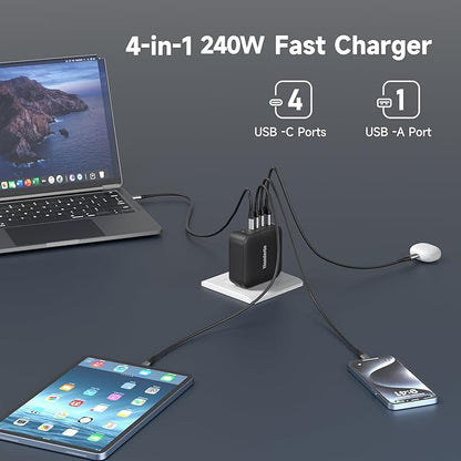240W GaN Charger, 4-Port USB C Fast Charging Station with 140W Max PD 3.1 Port, Compact Travel Wall Adapter for MacBook Pro/Air M3/M2/M1, Laptops, iPhone 15/14, Galaxy S24/S23, iPad, Steam Deck