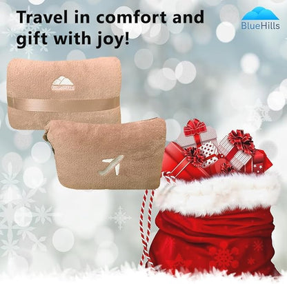 BlueHills Travel Blanket Pillow in Mini Soft Case Premium Plush Airplane Blanket Compact Luggage Belt and Backpack Clip Warm Plane Pillows Traveling Gifts Packable - Beige M06