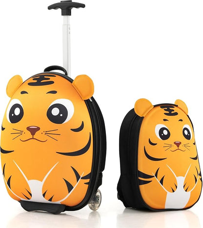 Goplus 2PC Kids Carry On Luggage Set, 16" Rolling Suitcase & 12" Backpack, Airline Approved Travel Trolley Luggage with Wheels for Toddlers Children Girls Boys (Tiger)