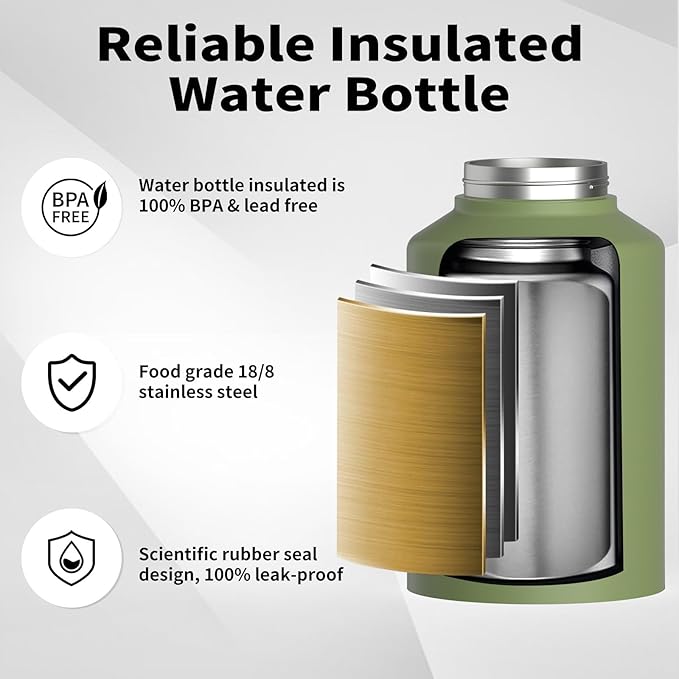 WATERSY Half Gallon Water Bottle Insulated(Cold for 48 Hrs),BPA Free&Leak Proof,64oz Stainless Steel Water Jug/Flask,Big thermo,Large Water Bottle with Handle for Gym,Hiking,Camping,Olive Green