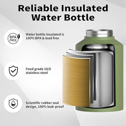WATERSY Half Gallon Water Bottle Insulated(Cold for 48 Hrs),BPA Free&Leak Proof,64oz Stainless Steel Water Jug/Flask,Big thermo,Large Water Bottle with Handle for Gym,Hiking,Camping,Olive Green
