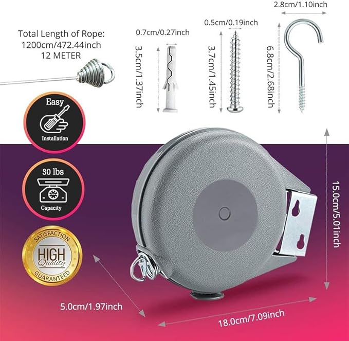 RE-Tract Retractable Clothesline Indoor and Outdoor with Wall Mount/Mounting Bracket – Clothes Drying Rack – Hang Wet Clothing (Grey, 12 Meters)