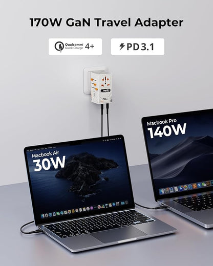170W GaN Universal Travel Adapter, Worldwide All-in-One International Plug Power Adapter & Wall Charger with 3 USB-C & 1 USB-A (5A/28V) for Europe, USA, Japan, and Australia (Type C/A/G/I)