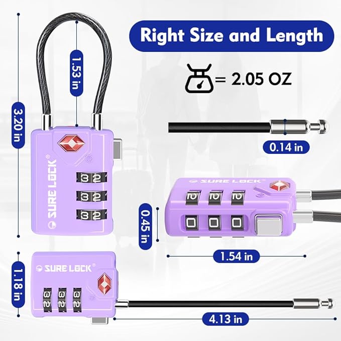 SURE LOCK TSA Approved Combination Luggage Locks with Open Alert Indicator – Durable Zinc Alloy Cable Travel Locks with Large Easy-Read Dials for Suitcases, Backpacks & Gym Bags(2, Purple 2 Pack)