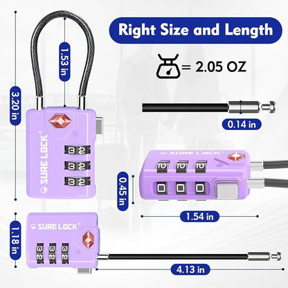SURE LOCK TSA Approved Combination Luggage Locks with Open Alert Indicator – Durable Zinc Alloy Cable Travel Locks with Large Easy-Read Dials for Suitcases, Backpacks & Gym Bags(2, Purple 2 Pack)
