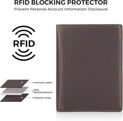 Polare Full Grain Leather Passport Holder RFID Blocking Travel Bifold Wallet Passport Holders 2 Passports (Dark Brown with AirTag Slot)