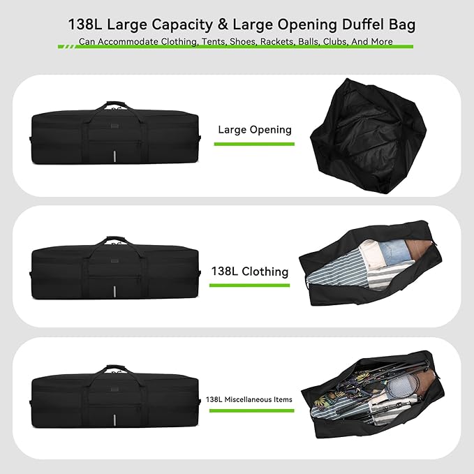 138L Extra Large Duffel Bag, 45.5'' Duffle Bag for Travel, Water Resistant & Foldable Luggage Bag, Camping Bag, Sports Equipment Storage Bag, Travel Tent Storage Bag, Moving Bag (Black)