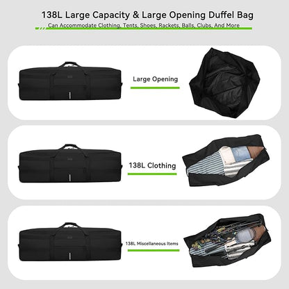 138L Extra Large Duffel Bag, 45.5'' Duffle Bag for Travel, Water Resistant & Foldable Luggage Bag, Camping Bag, Sports Equipment Storage Bag, Travel Tent Storage Bag, Moving Bag (Black)