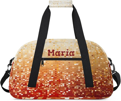 Personalized Kids Sports Duffel Bag with Name Custom Weekender Overnight Bag for Boys Girls Gym Bag Travel Dance Gymnastics Duffel Bag, Red Glitter Golden Shiny