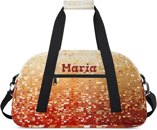 Personalized Kids Sports Duffel Bag with Name Custom Weekender Overnight Bag for Boys Girls Gym Bag Travel Dance Gymnastics Duffel Bag, Red Glitter Golden Shiny