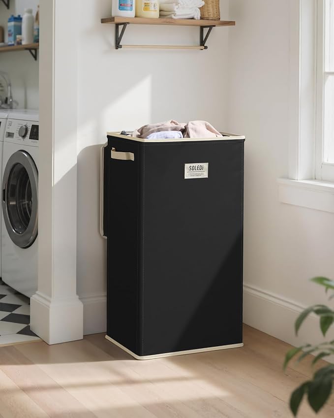 SOLEDI Laundry Hamper with Lid 100L Large & Tall Collapsible Laundry Basket, Clothes Hamper with Bag Removable Easy to Carry, Dirty Hampers for Bedroom, Bathroom, Dorm, College, Pitch Black