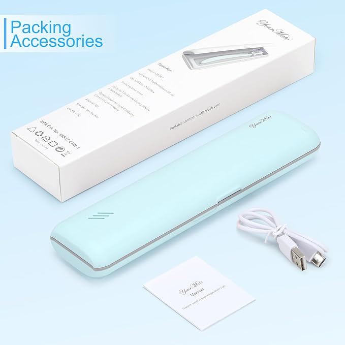 YourMate UVC Toothbrush Case Travel Toothbrush Covers Case for Houshold and Traveling Power by AA Battery or USB-C Blue
