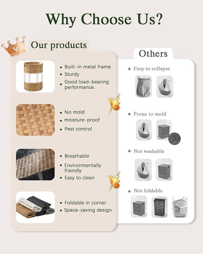 34.3 Gal (130 L) Large Laundry Hamper Laundry Basket Round Handwoven Wicker Laundry Baskets Rattan Laundry Basket with Removable Bag Handles 2 Mesh Bags for Living Room Bedroom Black