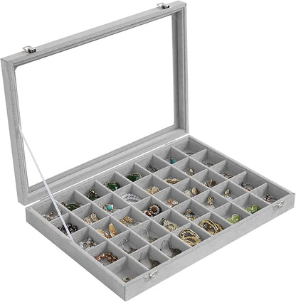 Stratalife Jewelry Organizer 40 Grid Jewelry Tray with Lid Dust-proof Velvet Earring Organizer Ring Holder Necklaces Earrings Storage Drawer Accessories Box for Women Gray
