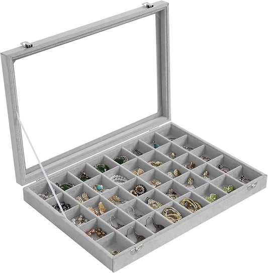 Stratalife Jewelry Organizer 40 Grid Jewelry Tray with Lid Dust-proof Velvet Earring Organizer Ring Holder Necklaces Earrings Storage Drawer Accessories Box for Women Gray