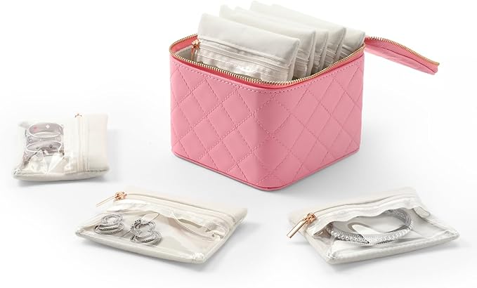 Travel Jewelry Box Organizer - Small Jewelry Case with 6 Small Velvet Zipped Pouches Pockets for Jewelry Necklaces Rings Earrings Storage(Pink)