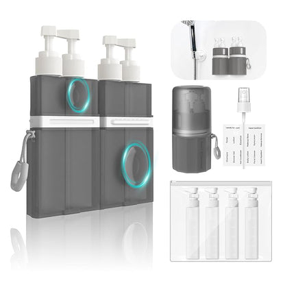 YOTIME 4in1 Travel Bottles Set, Vacuum Silicone Suction Cup for Smooth Walls, TSA Approved Leak Proof Travel Size Containers for Toiletries, Shampoo, Body Wash and Conditioner, Gray