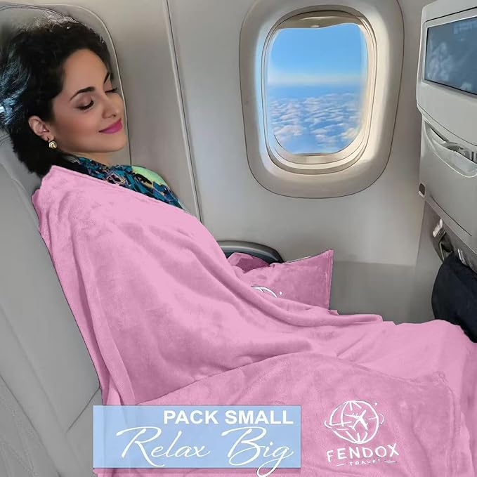2-in-1 Travel Blanket and Pillow – Lightweight, Compact, Ultra Soft, Machine Washable – Handle, Luggage Sleeve, Backpack Clip – for Trave Airplane, Car, Office (Light Pink)