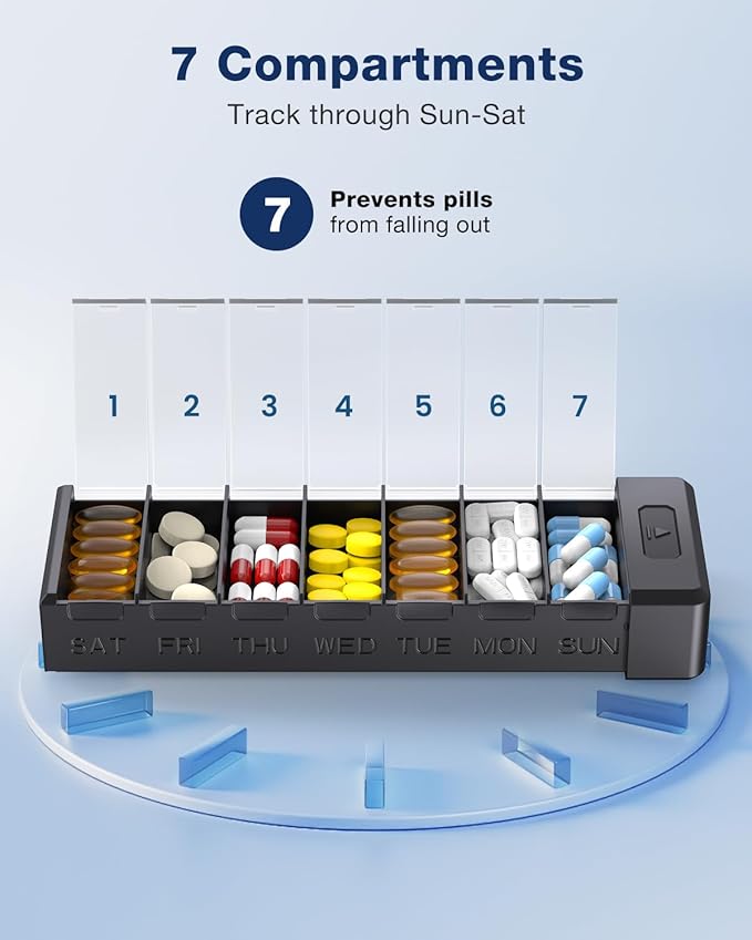 HEIYING 7 Days Pill Organizer with Aluminum Shell for One Week Capacity, Portable Metal Pill Case to Hold Vitamin, Medicine, Supplements