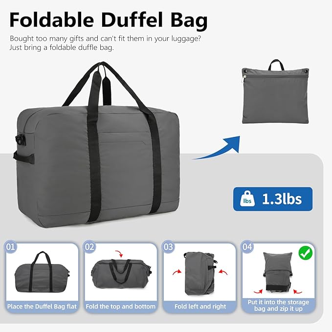 80L Foldable Travel Duffle Bag - Lightweight Duffel Bag for Women & Men, Large Packable Travel Bag for Weekend Trips, Camping & RV Travel (Grey)
