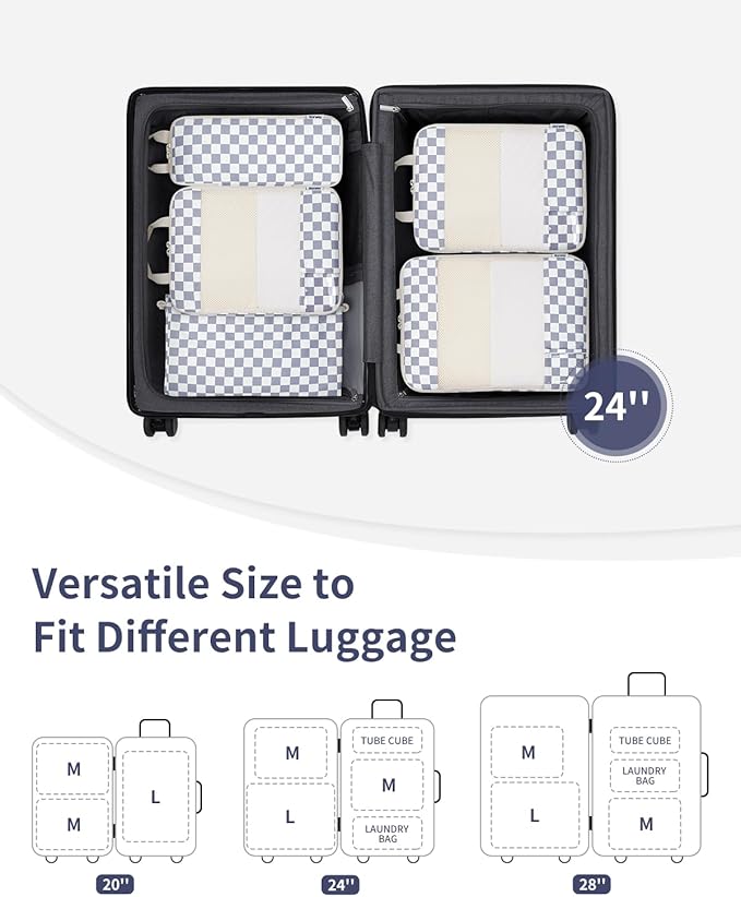 Narwey 5 Set Compression Packing Cubes for Travel, Luggage Packing Organizer Bags for Carry on Suitcase, Expandable Checkered Storage Bags with Laundry & Handle (Grayish Blue Checkerboard)