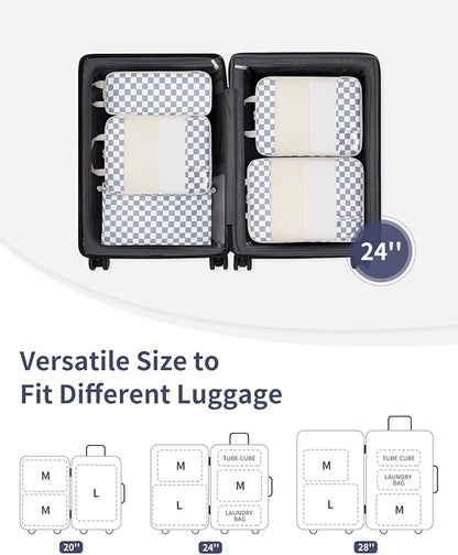 Narwey 5 Set Compression Packing Cubes for Travel, Luggage Packing Organizer Bags for Carry on Suitcase, Expandable Checkered Storage Bags with Laundry & Handle (Grayish Blue Checkerboard)