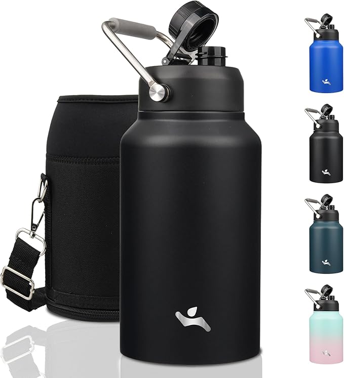 Jug with Handle,87 oz Insulated Water Bottle with Carrying Pouch, Double Wall Vacuum Stainless Steel Metal Bottle,Black