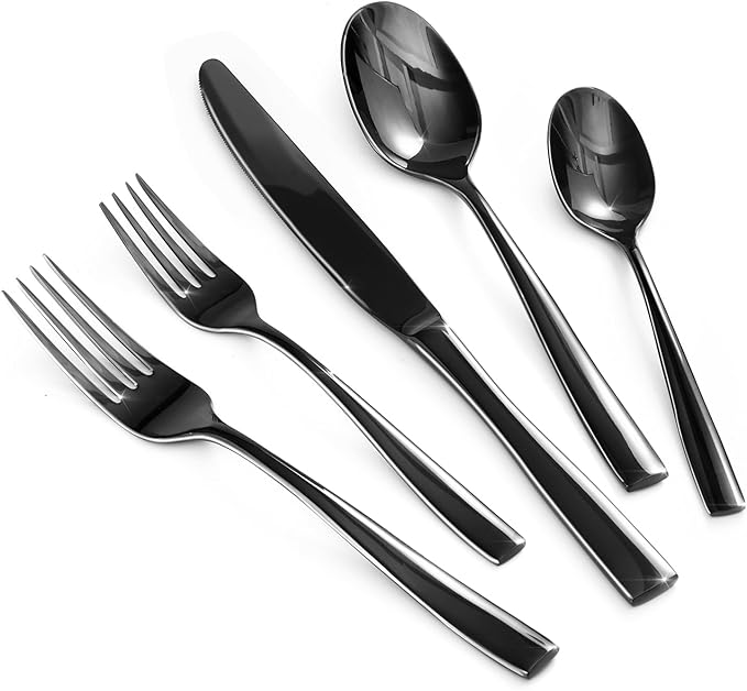HIKAA Forged Silverware Set Stainless Steel Flatware Set,Service for 4,Matte Satin Polished Cutlery Set,Dishwasher Safe (Black, 20PCS)