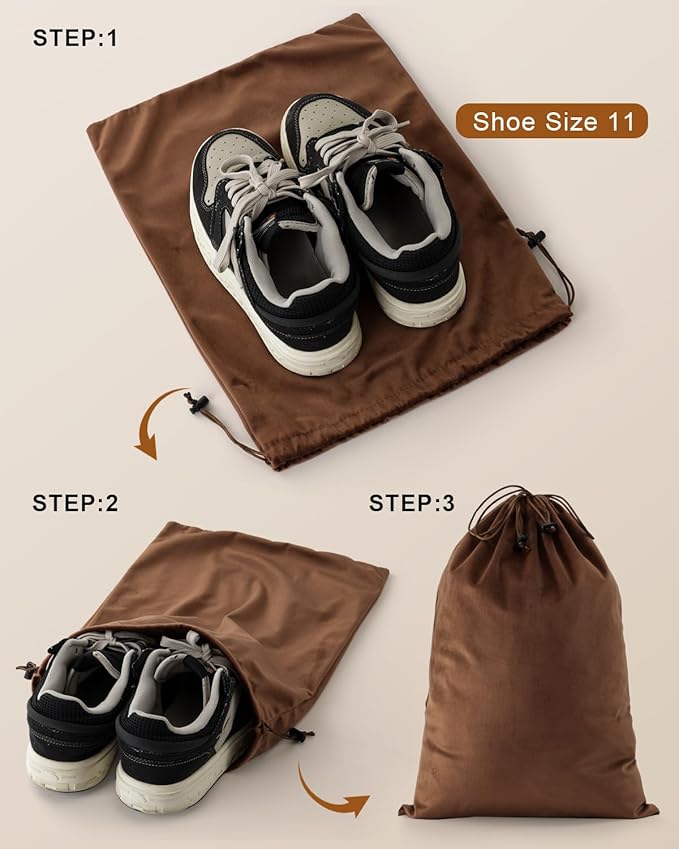 FantasyLife Shoe Bags for Travel, Washable Dust Bags for Storage & Packing, Flannel Shoe Pouch with Drawstring Closure for Purses, Handbags, Shoes & Toys (4, Mocha Mousse)