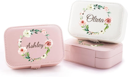 Personalized Jewelry Box for Women, Custom Travel Jewelry Case with Name and Birth Flower, Leather Jewelry Box for Rings, Earrings, Necklaces, Personalized Gifts for Women