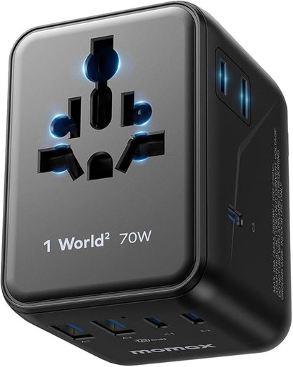 MOMAX Mini 7-in-1 Universal Travel Adapter, GaN 70W International Power Adapter, 2 AC, 3 USB-C PD Fast Charging & 2 USB-A QC, Travel Essentials for All European Travel Plug Adapter UK AUS JP