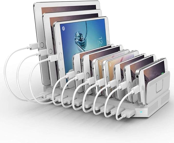 Alxum iPad Charging Station, 96W 10 Port USB Charging Station for Tablet and More Multi Devices Organizer with Detachable Dividers, White