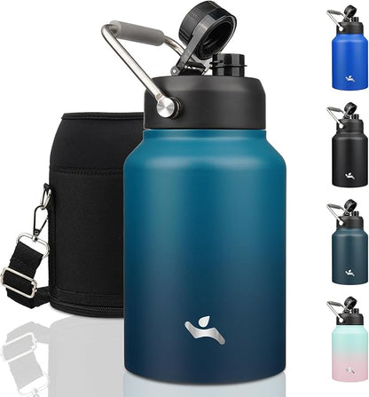 Half Gallon Jug with Handle,64 oz Insulated Water Bottle with Carrying Pouch,Double Wall Vacuum Stainless Steel Metal Bottle,Indigo Black